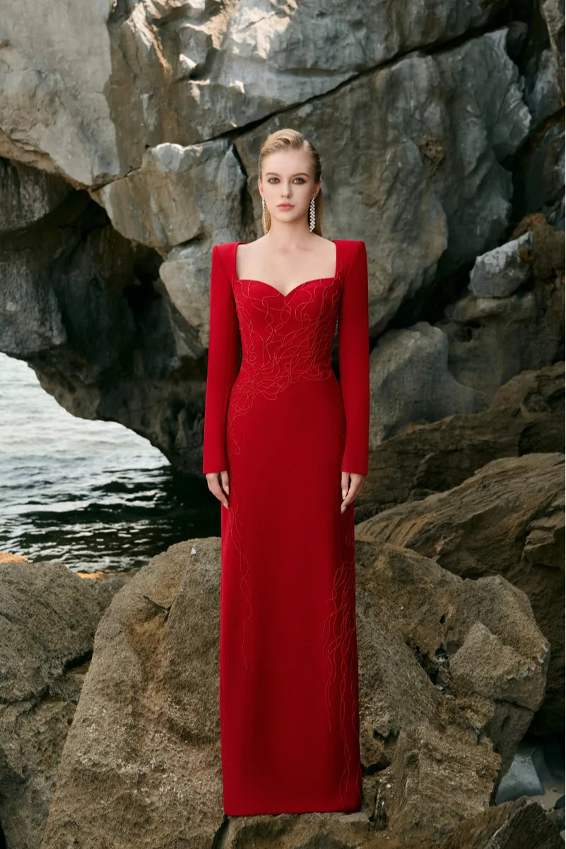 Queen Anne Neckline Crystal Embellished Dress